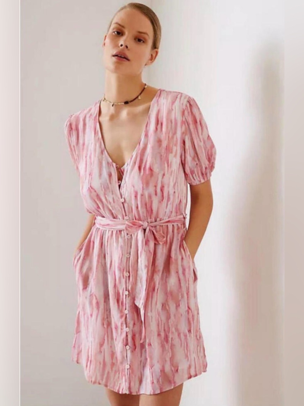 Anthropologie cloth & stone Pink Watercolor Tie-Waist Button MinDress Size Small